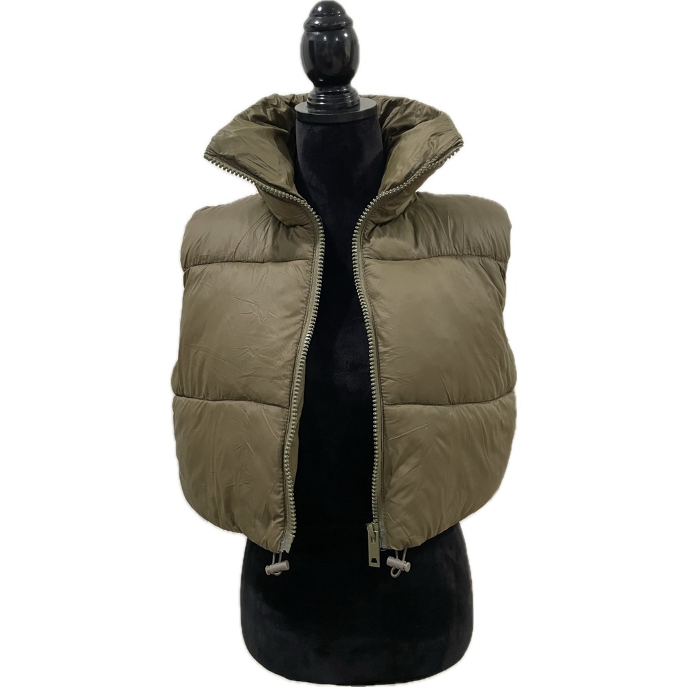 NWT Women's NY Threads Cropped Puffer Vest Size M Olive Green